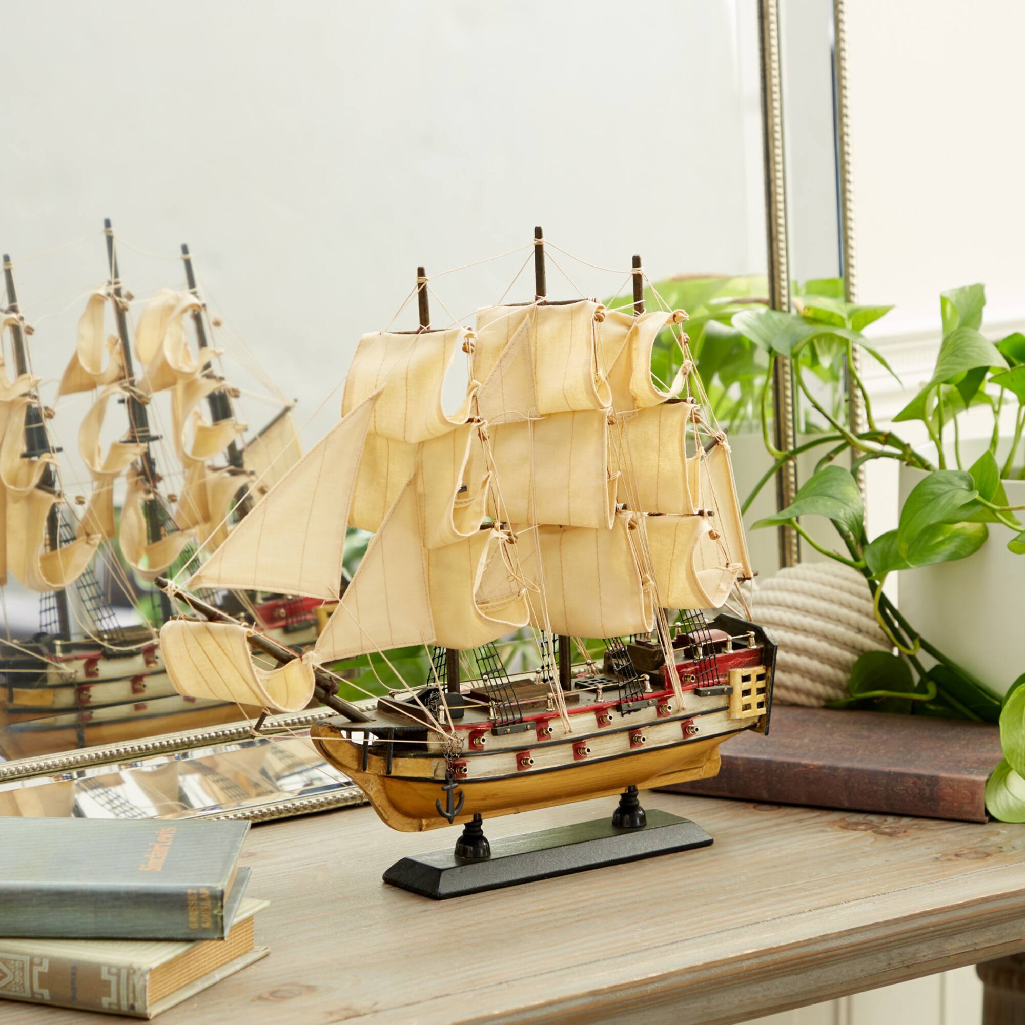 15" Wooden Coastal Sailboat Sculpture